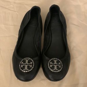 Tory Burch silver monogram flats